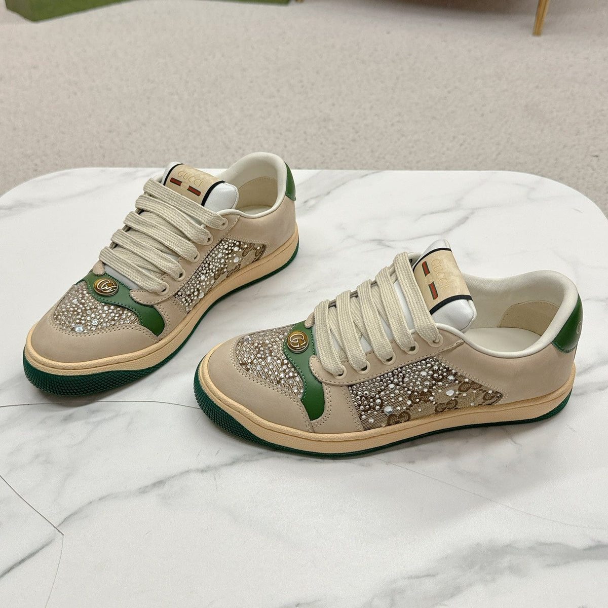 GG Sneaker Beige Suede Green Calfskin Crystal-Embellished