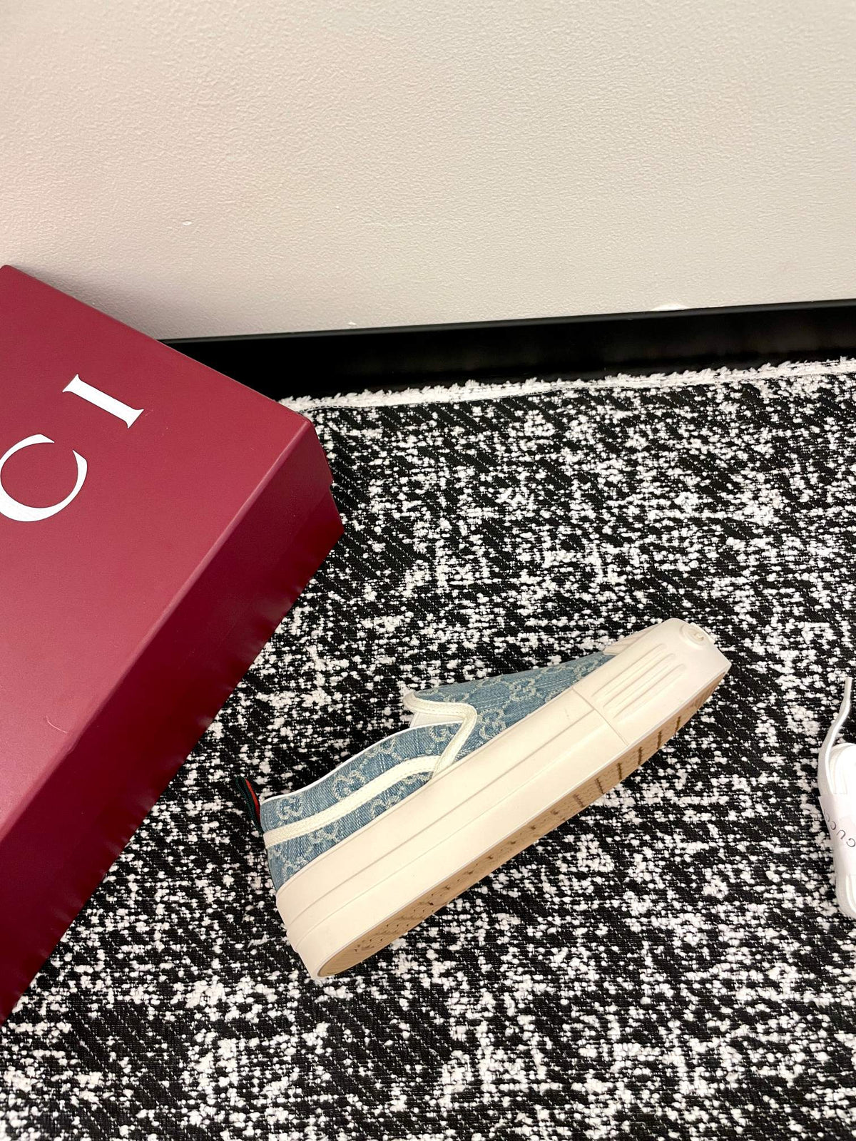 GG 26 Platform Loafers Light Blue White Monogram Denim 632827