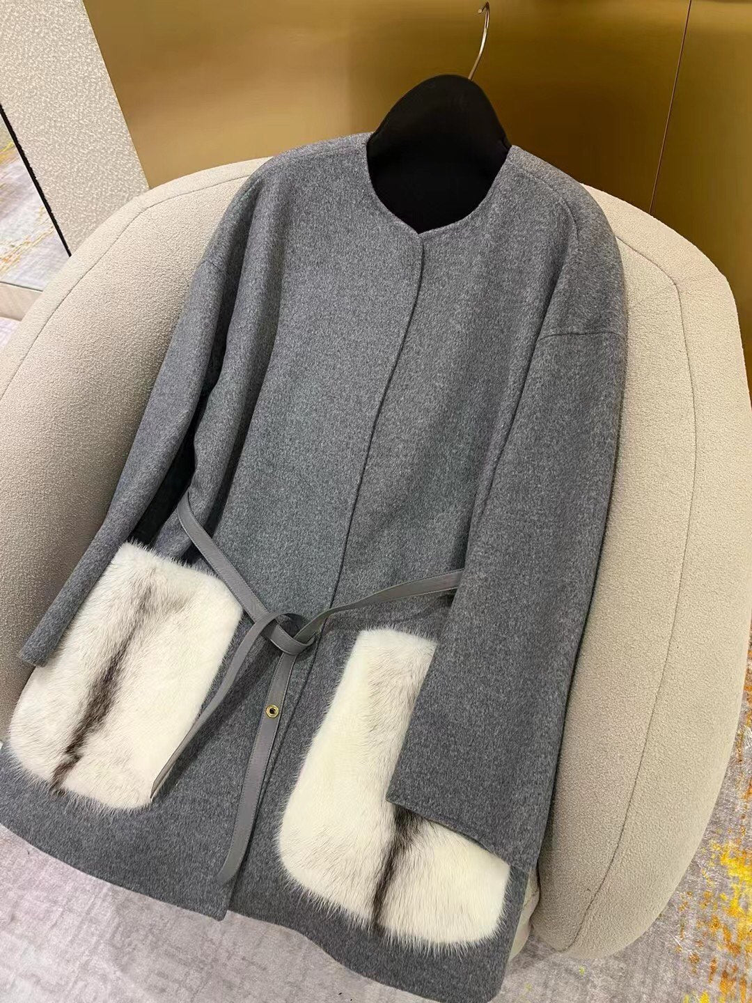 LP 25 Crew Neck Coat Gray White Cashmere Fur 303965