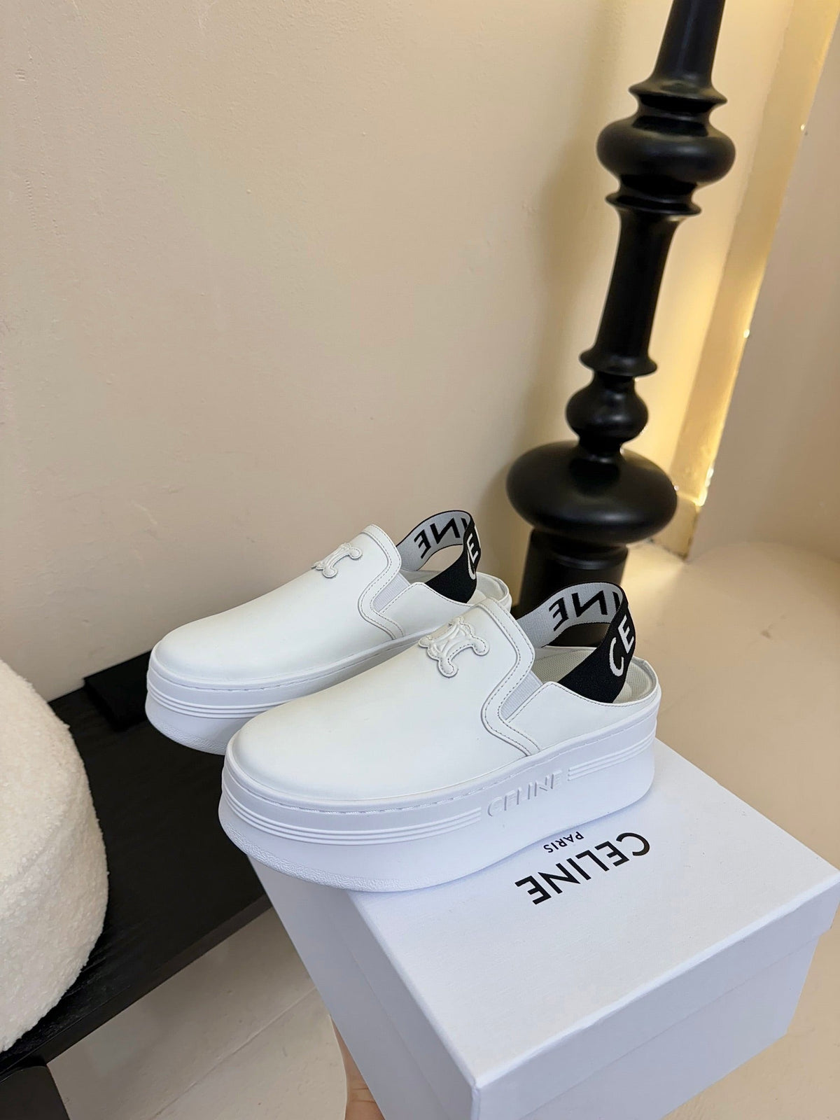 CELINE Block Wedge Mule White Calfskin 235721