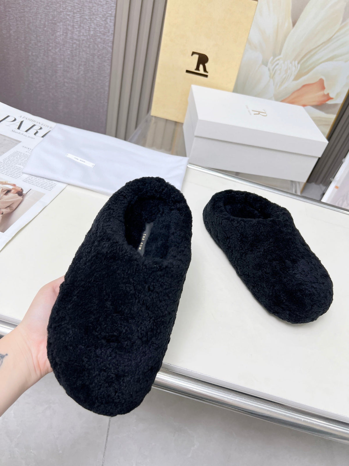 The Row 2025 Retro Oversized Toe Birkenstock Slipper Black Wool 576033