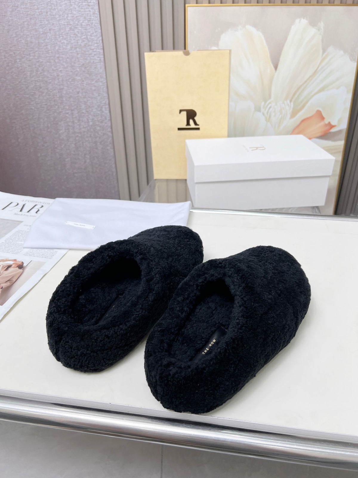 The Row 2025 Retro Oversized Toe Birkenstock Slipper Black Wool 576033