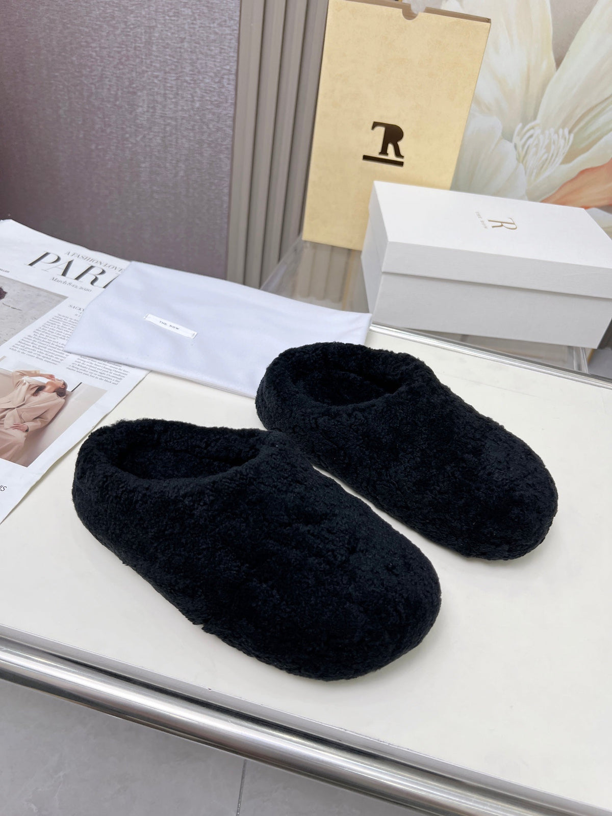 The Row 2025 Retro Oversized Toe Birkenstock Slipper Black Wool 576033