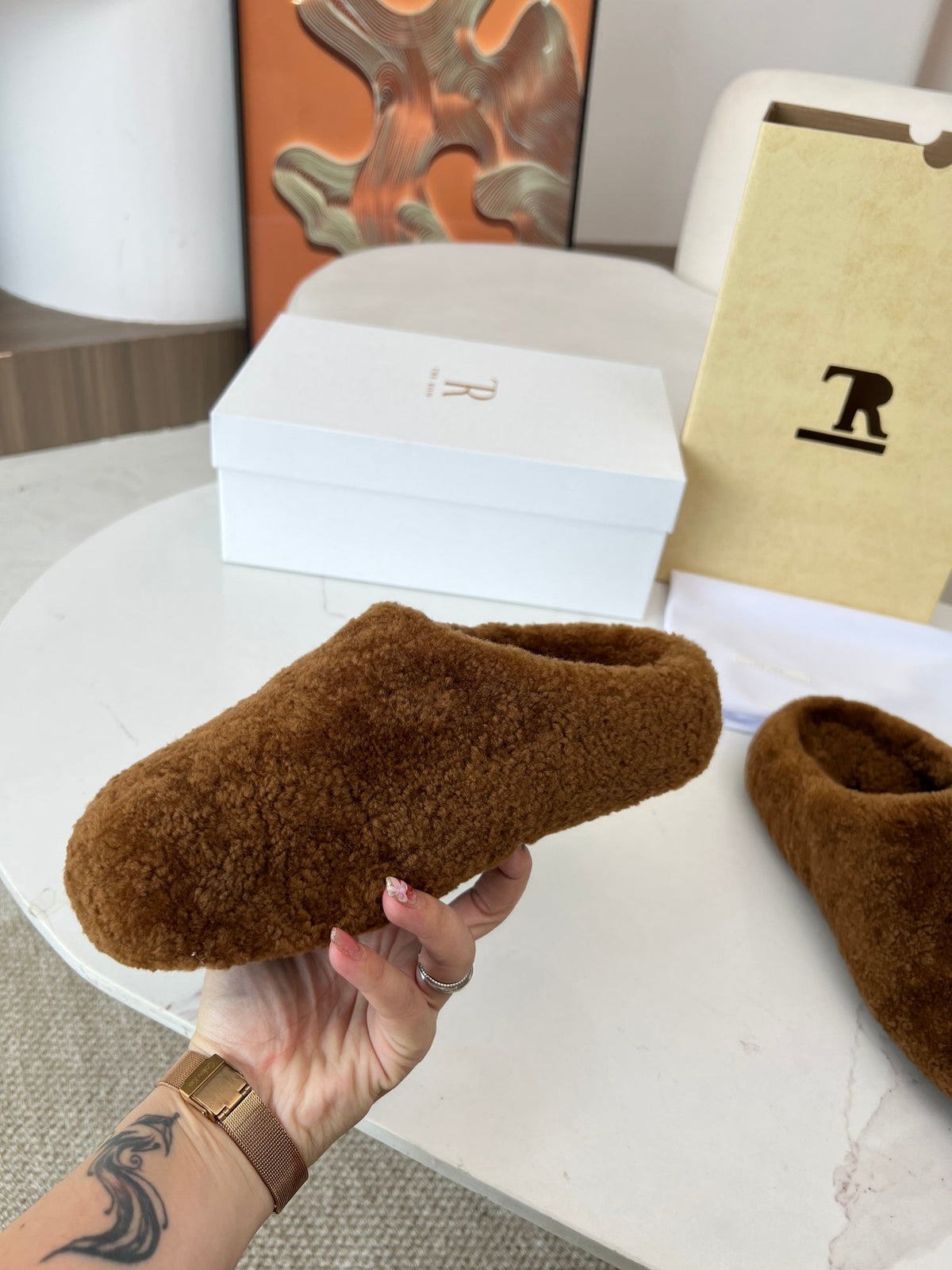 The Row 2025 Retro Oversized Toe Birkenstock Slipper Brown Wool 576032