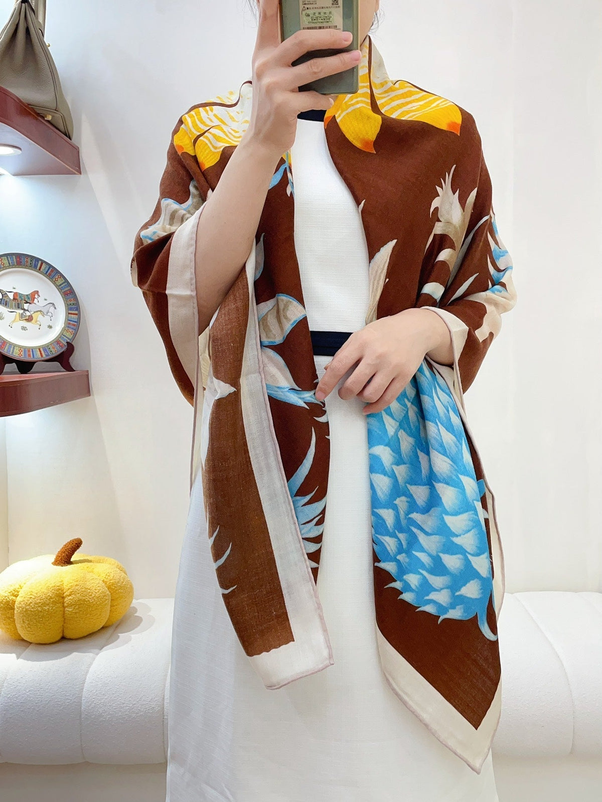 Carré Index Bromeliaceae 135 CM In Brown Colorful Silk Cashmere 228991