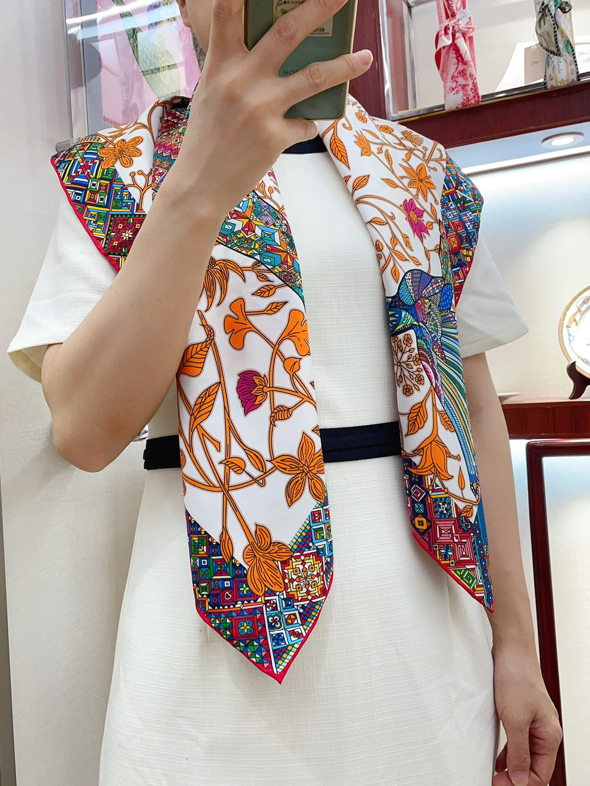 Le Jaguar Et Le Colibri Shawl 90 CM In Orange Colorful Silk Twill 274209