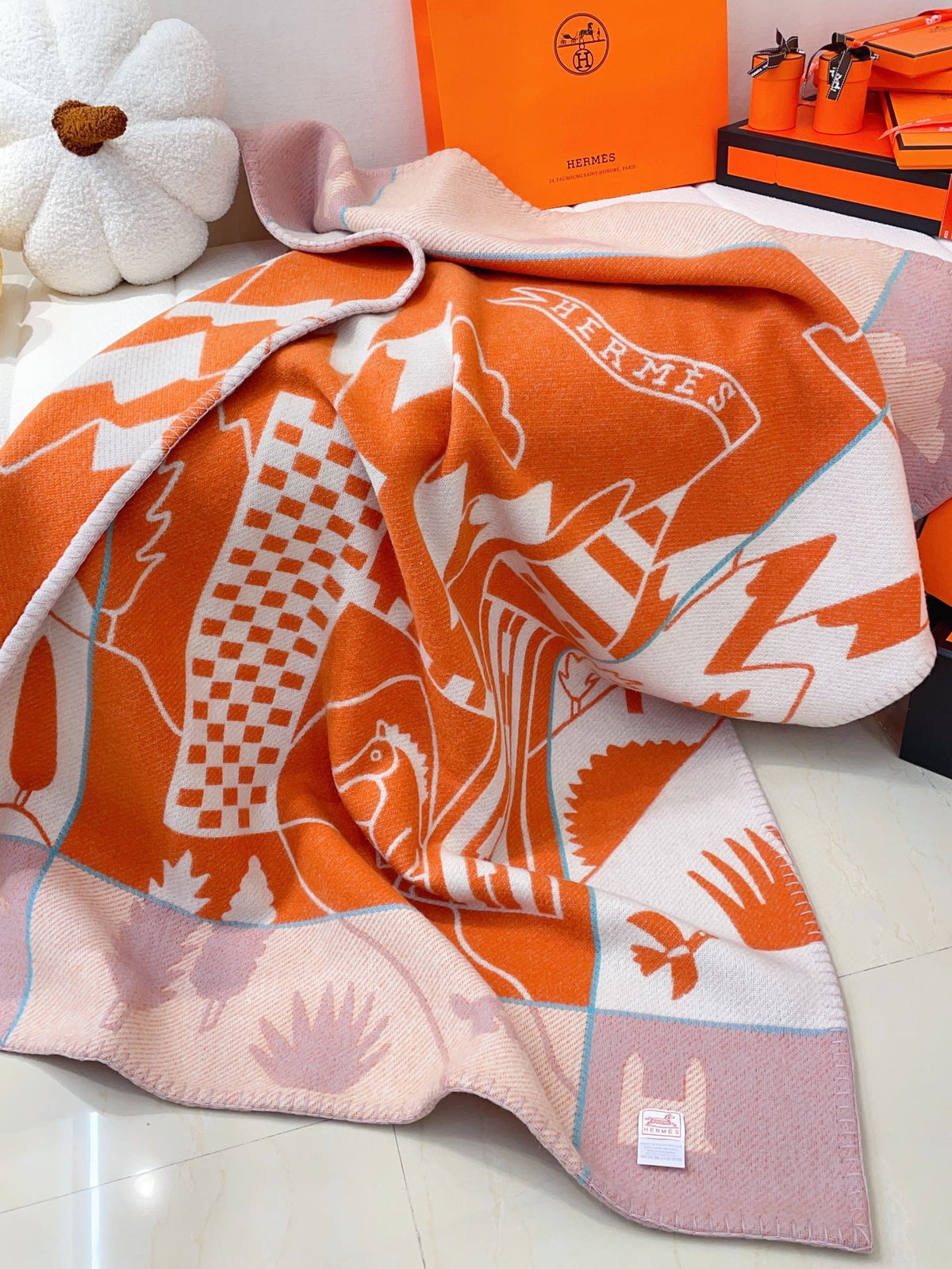 Baby Blankets 140 CM In Orange Mix Light Pink Cashmere And Fine Wool 341413
