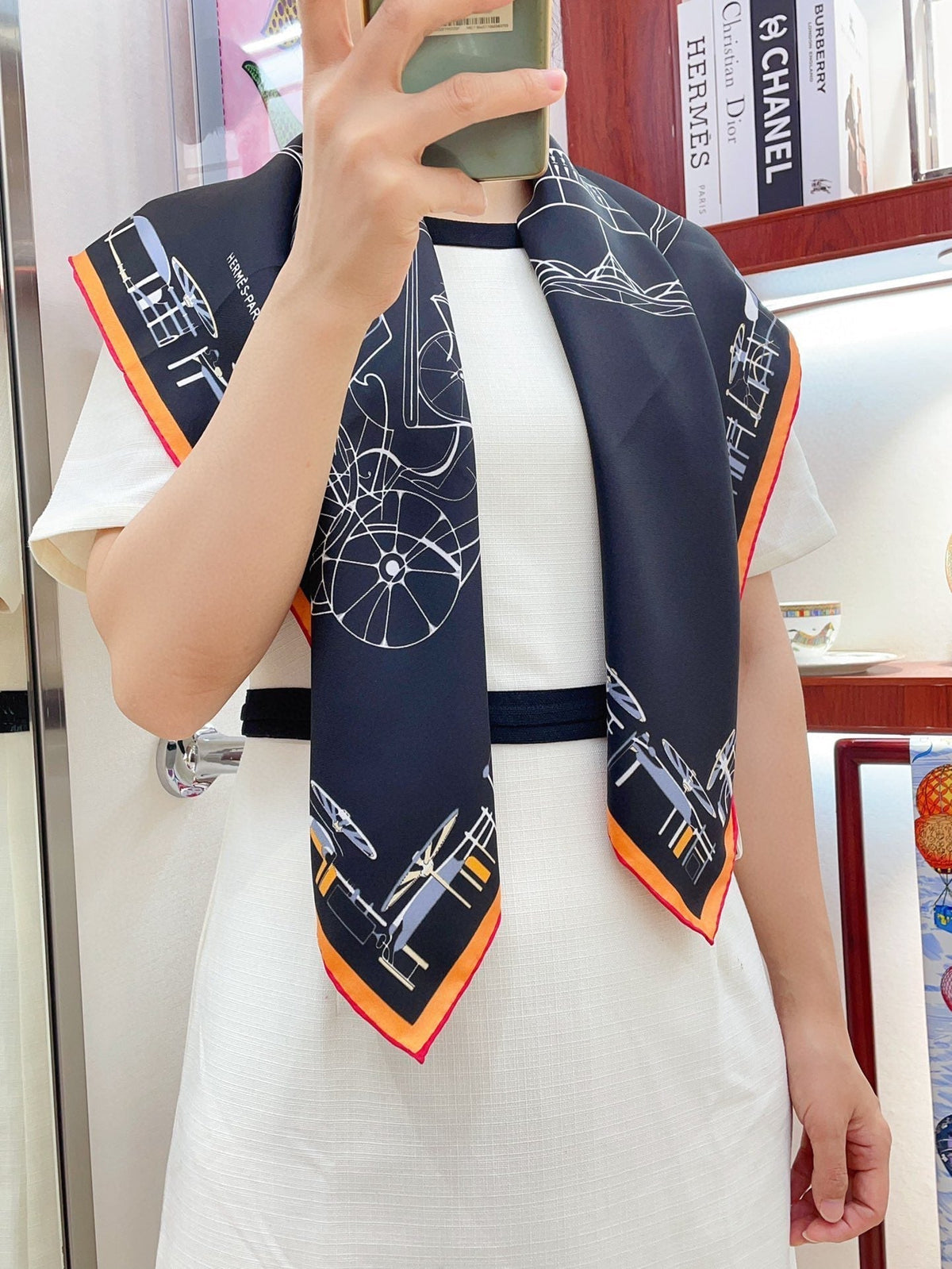 Complication Equestre Scarf 90 CM In Black Mix White Orange Silk Twill 345896