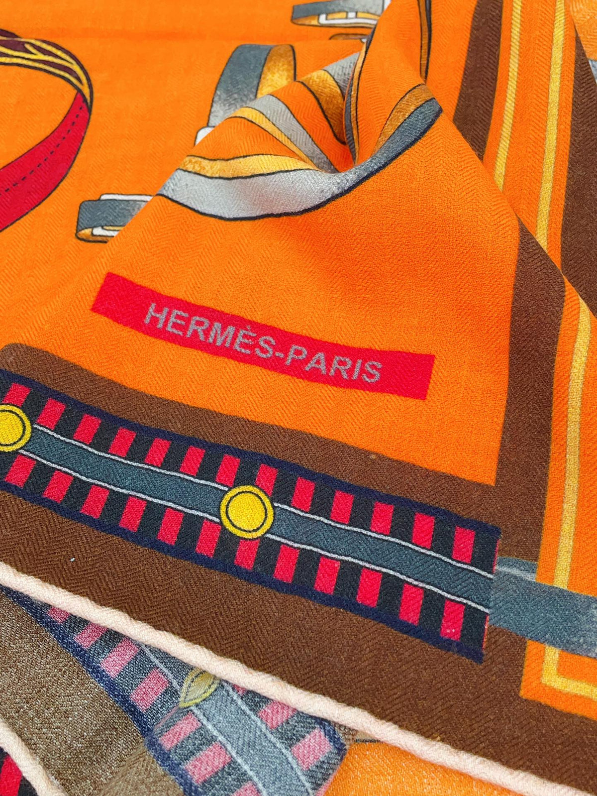 HM Lettres Equestre Scarf 140 CM In Orange Brown Colorful Cashmere And Silk 359400