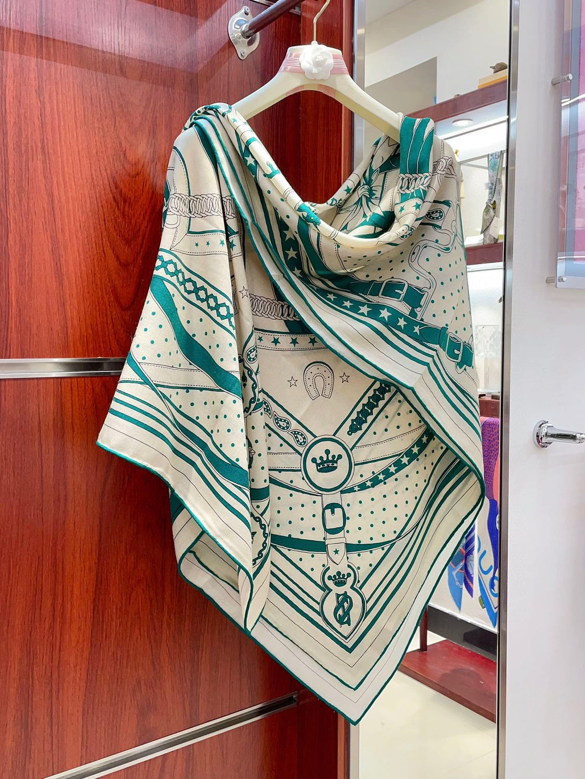 Square Scarf 140CM White Mix Dark Green Cashmere And Silk