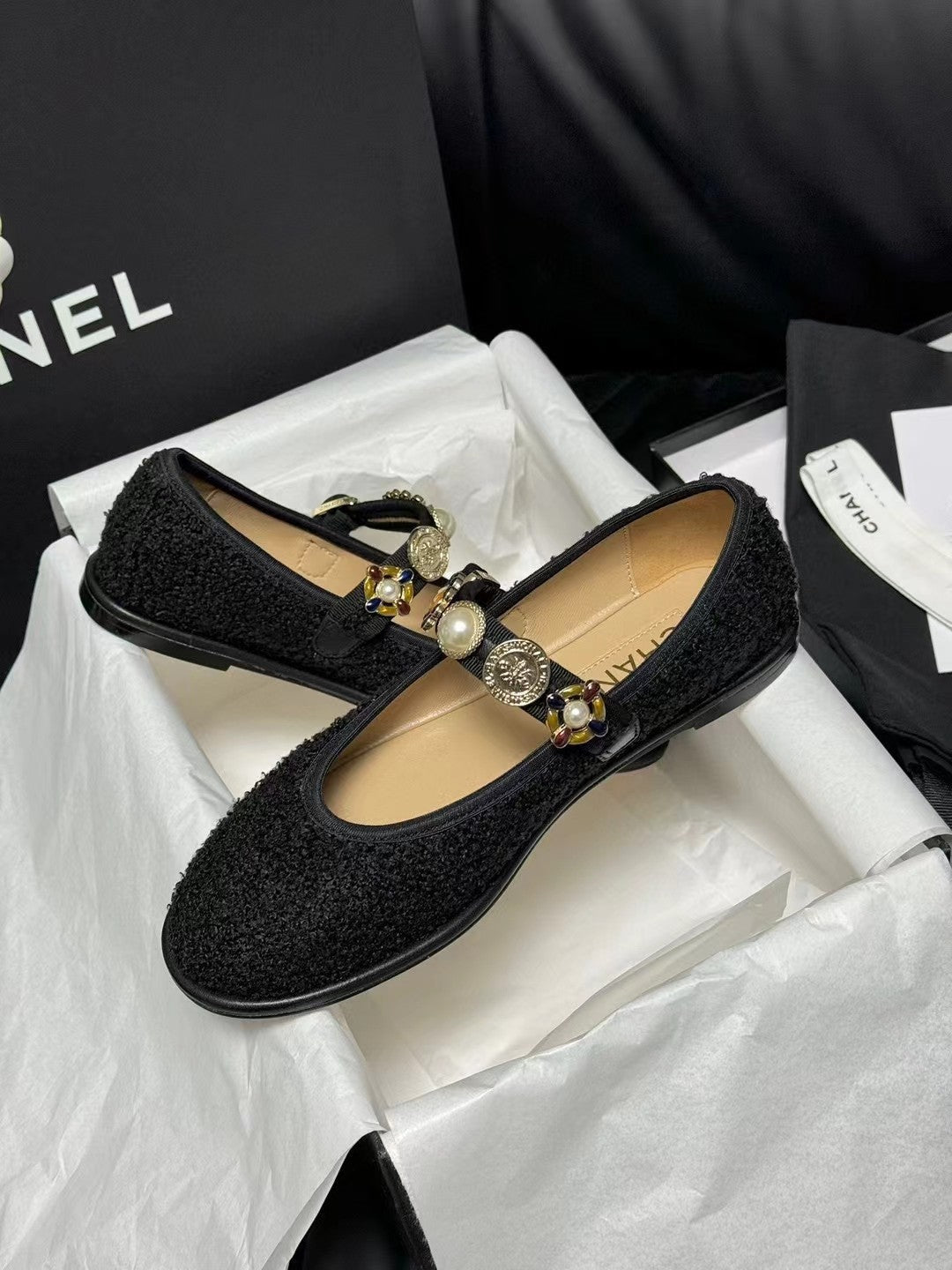 CC MARY JANES BLACK WOOL TWEED AND FABRIC