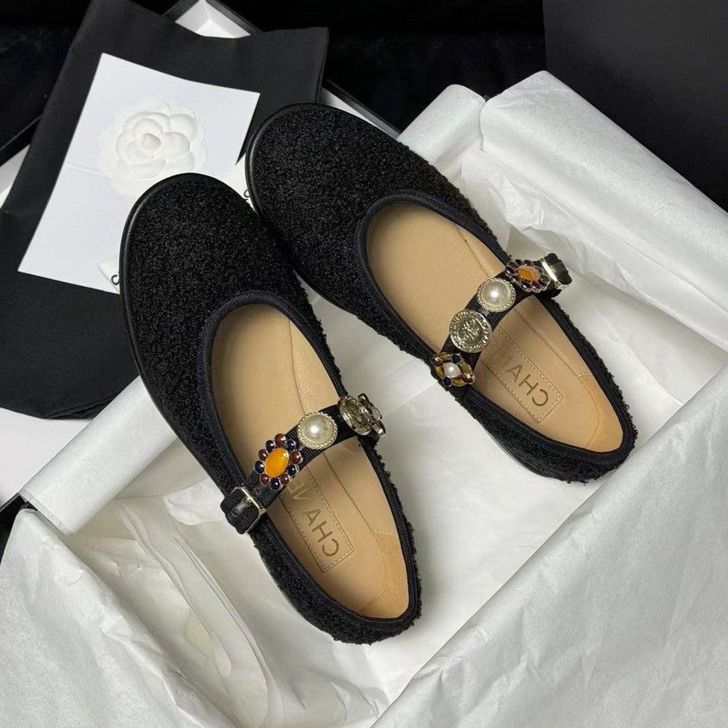 CC MARY JANES BLACK WOOL TWEED AND FABRIC