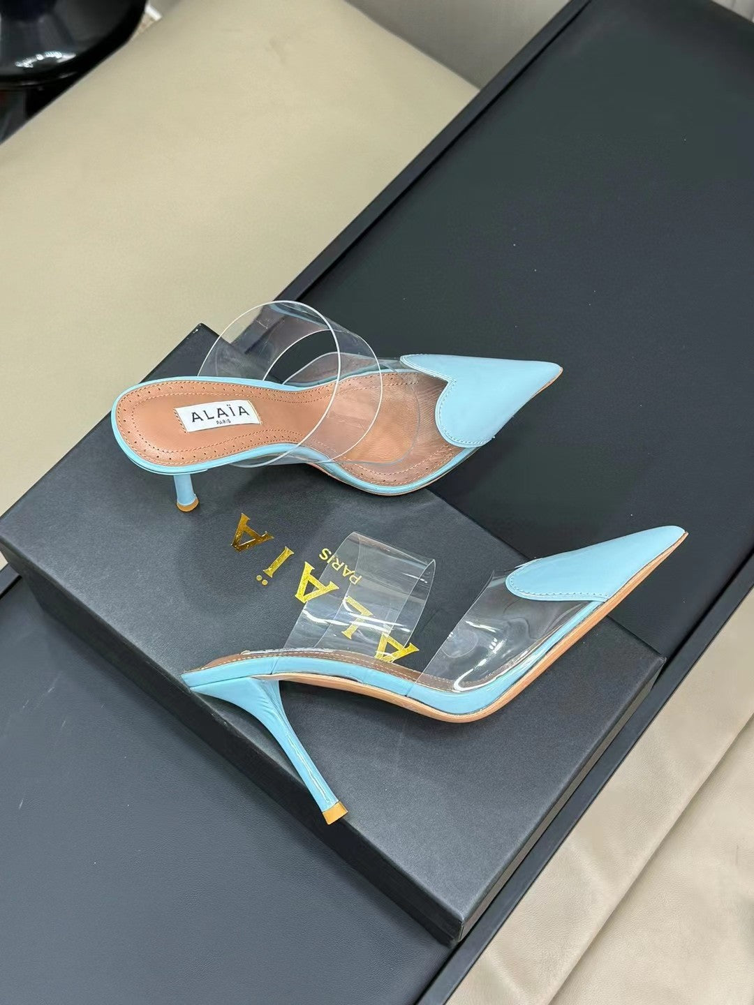 alaia mule 90 optic cloud blue heart lambskin