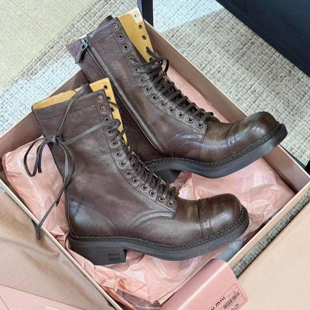 Miu Cocoa Brown Leather Lace-Up Boots