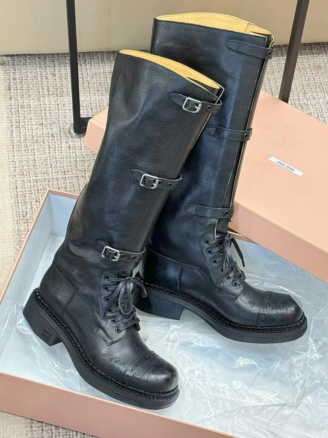 Miu Boots High Neck Black Paint Calfskin