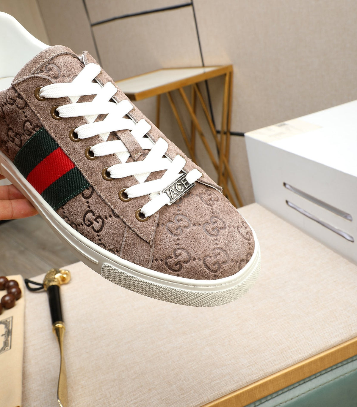 GG Men's ACE Sneaker Brown Embossed Suede 516599