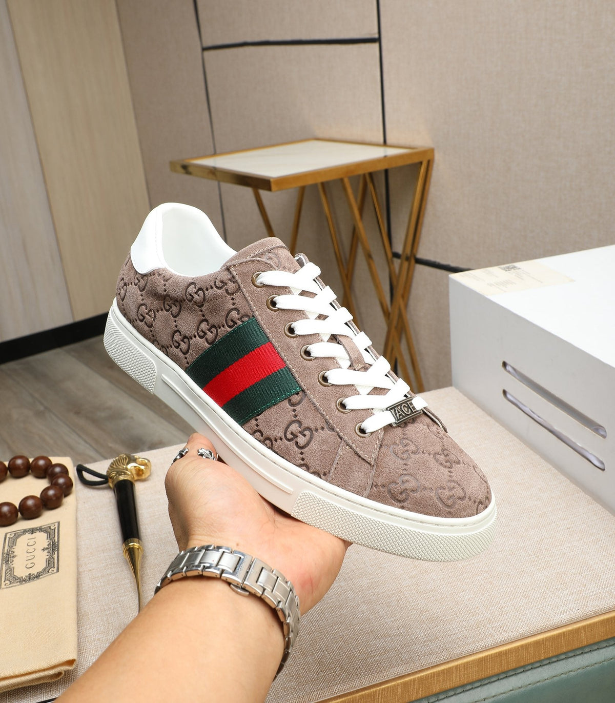 GG Men's ACE Sneaker Brown Embossed Suede 516599