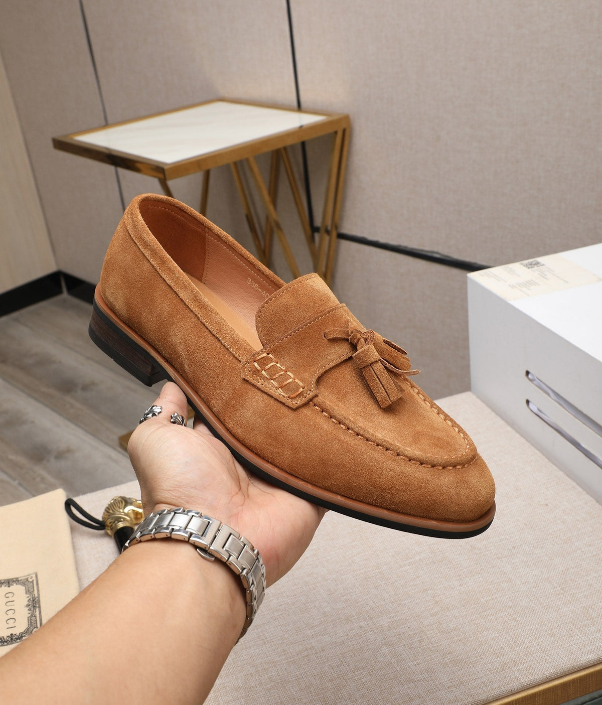 GG Men's Tassel Loafer Light Brown Suede 440168