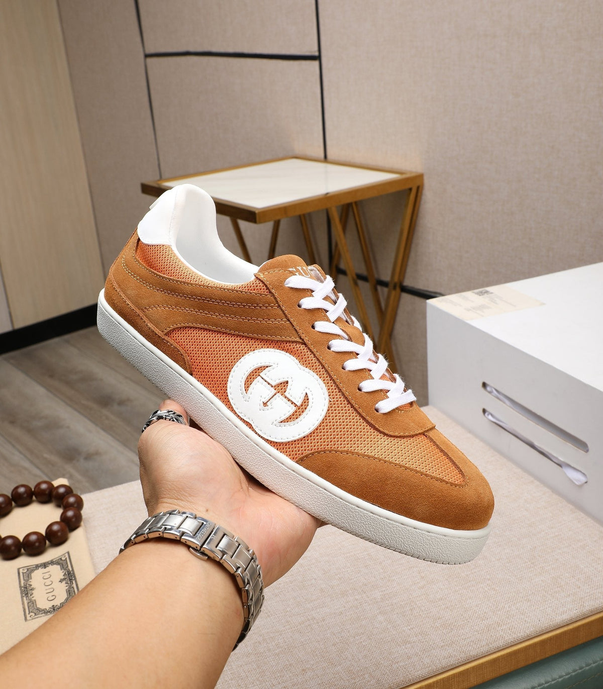 GG Men's G75 Sneaker Brown Orange Mesh Suede 477881