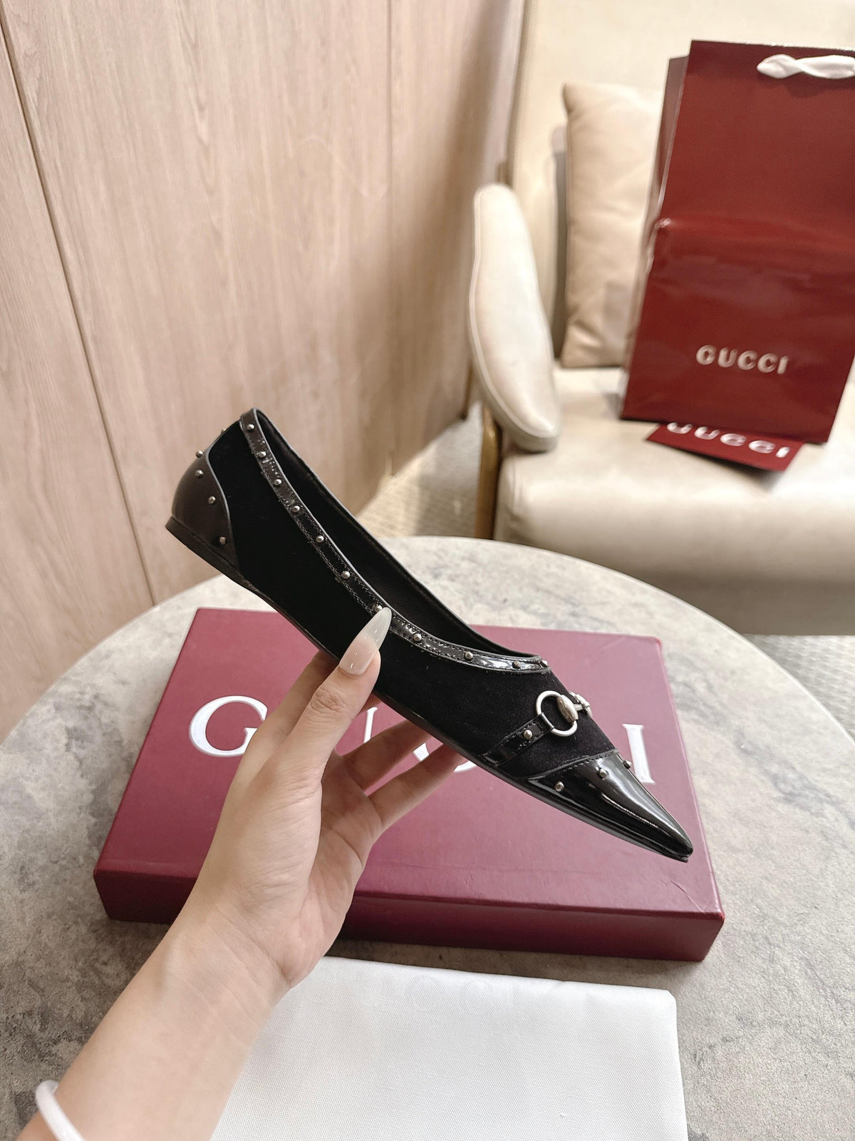 Gucci 2026  Point-Toe Studded Loafer Suede Canvas 941119