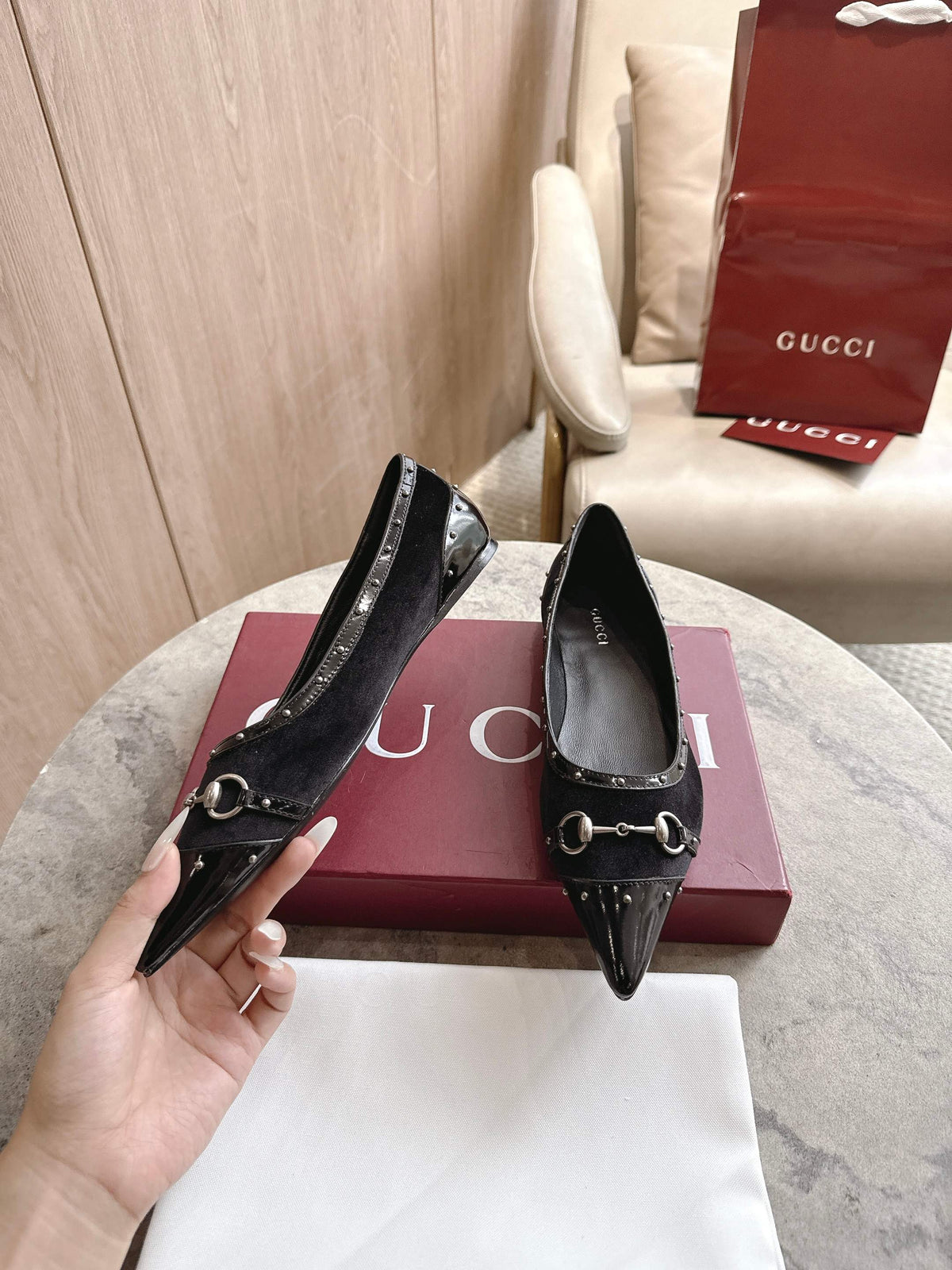 Gucci 2026  Point-Toe Studded Loafer Suede Canvas 941119