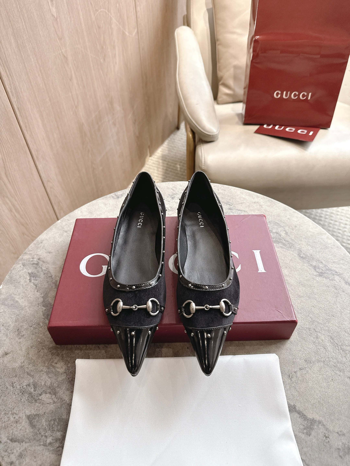 Gucci 2026  Point-Toe Studded Loafer Suede Canvas 941119