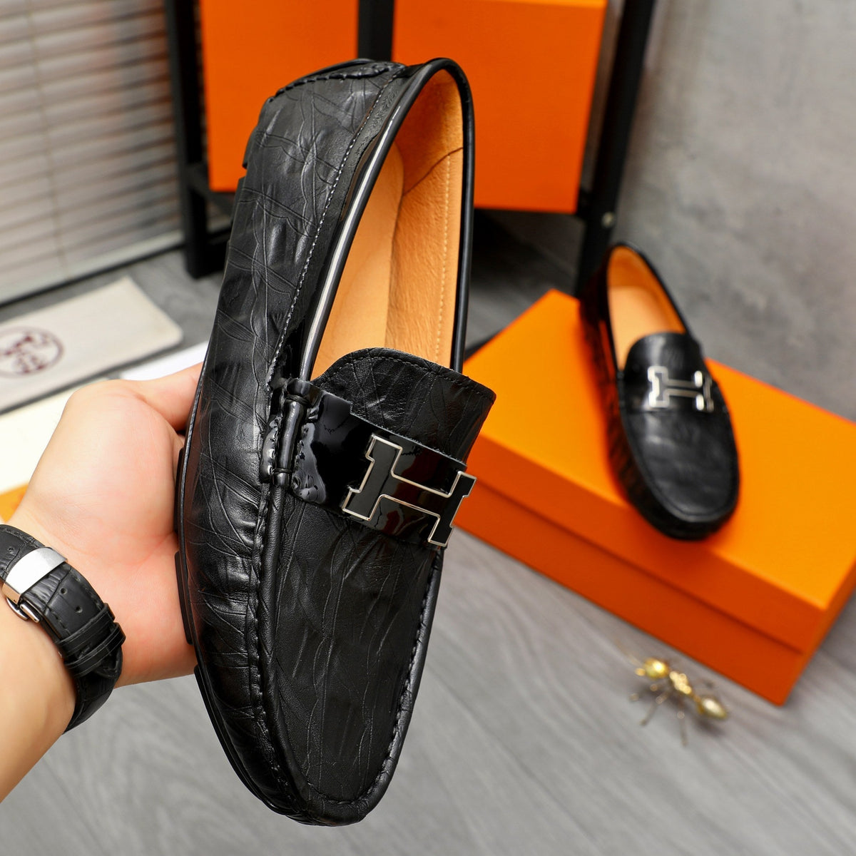 HM PATTERNS LOAFER BLACK EMBOSSED CALFSKIN