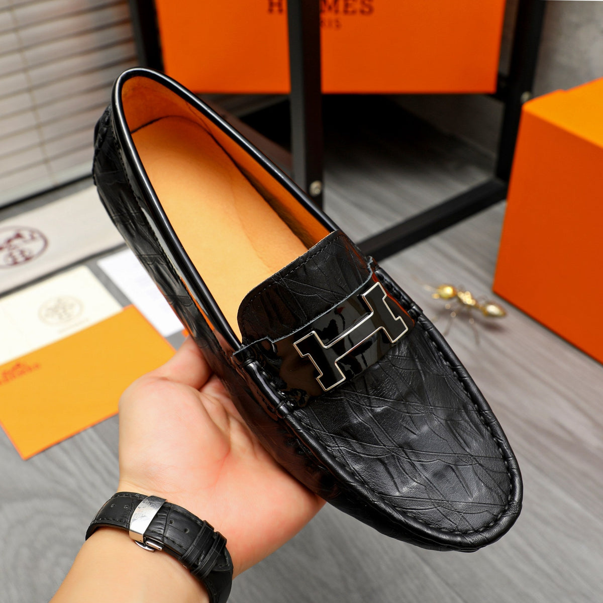 HM PATTERNS LOAFER BLACK EMBOSSED CALFSKIN