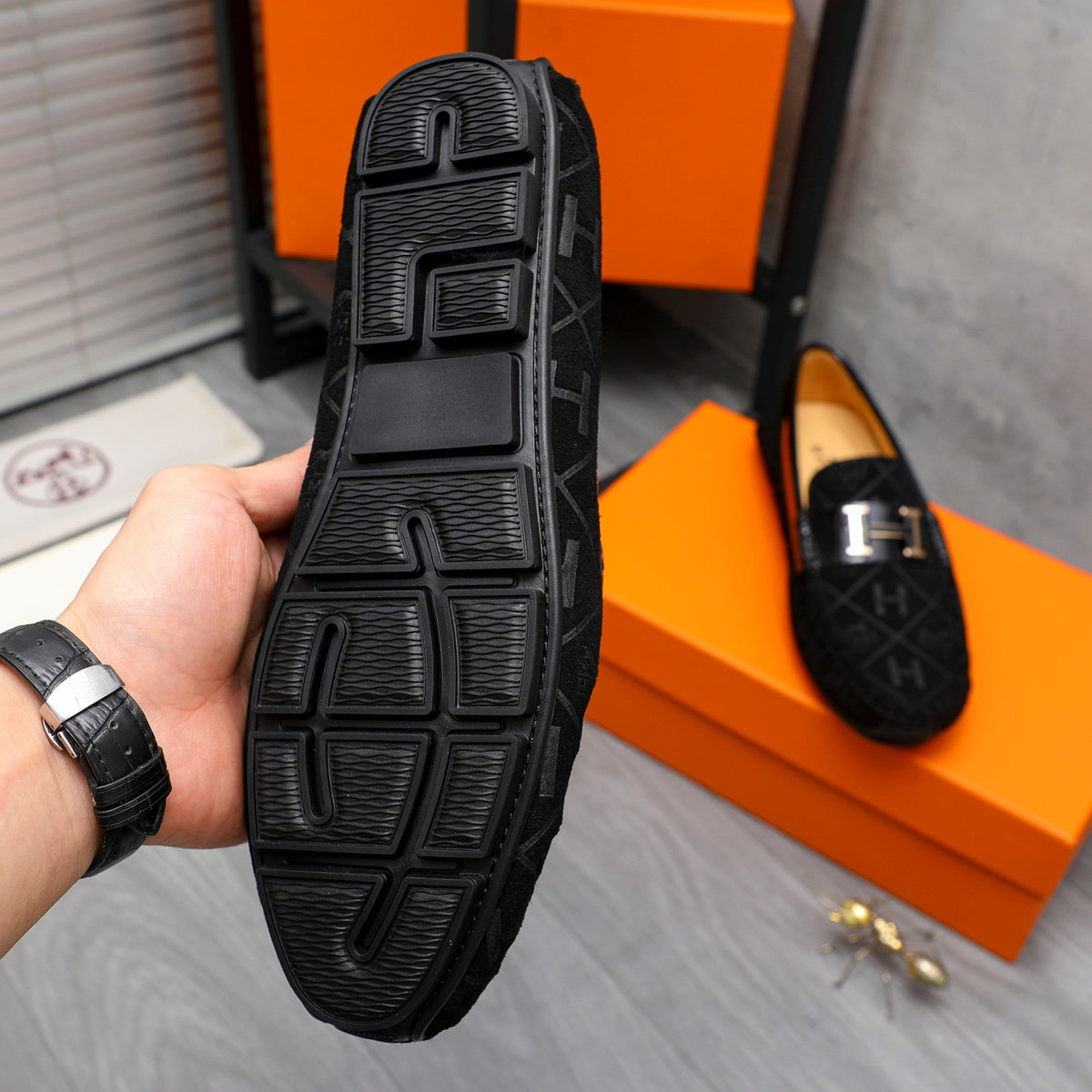HM SQUARE MOTIF LOAFER BLACK EMBOSSED SUEDE