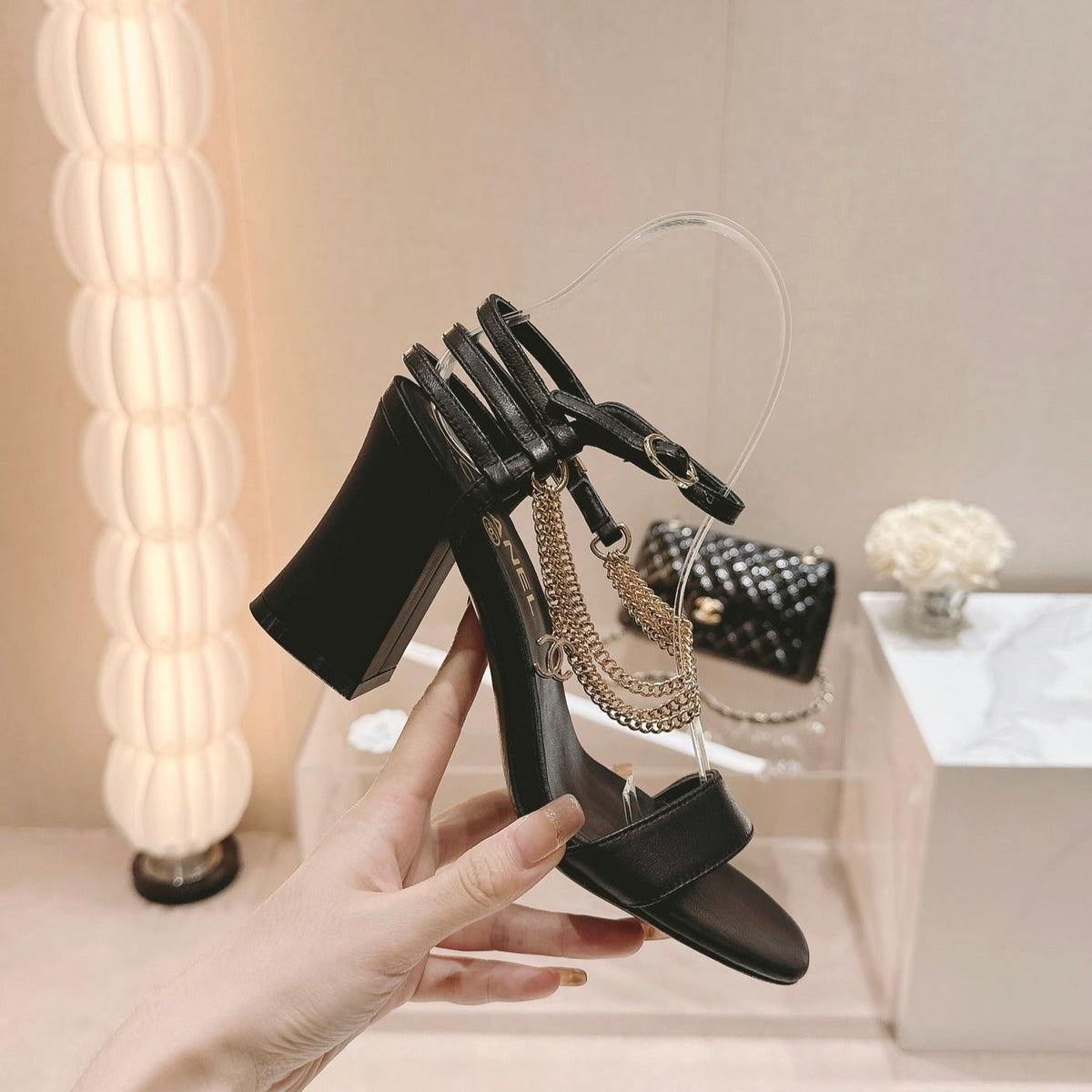 Double C Leather High Heel Sandals Black
