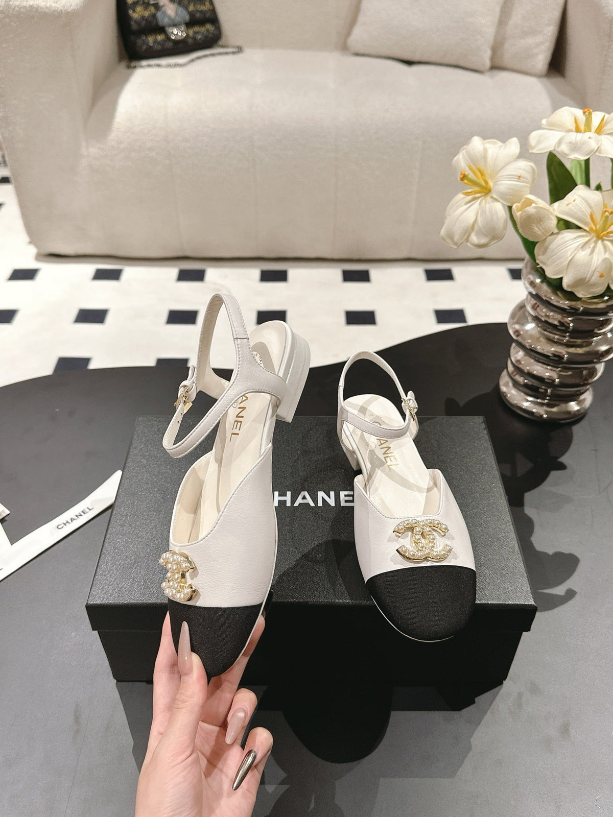 CC Slingback White Sheepskin with Fabric 237512