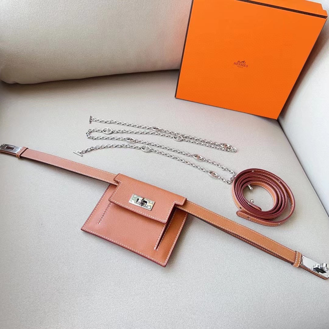 hm kelly belt 18mm with kelly pocket brown epsom silver hardware