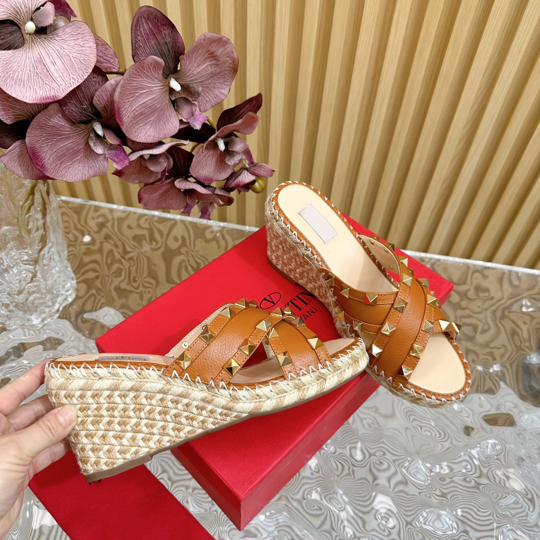 Rockstud Crisscross Espadrilles 80mm Sandal Wedges Brown