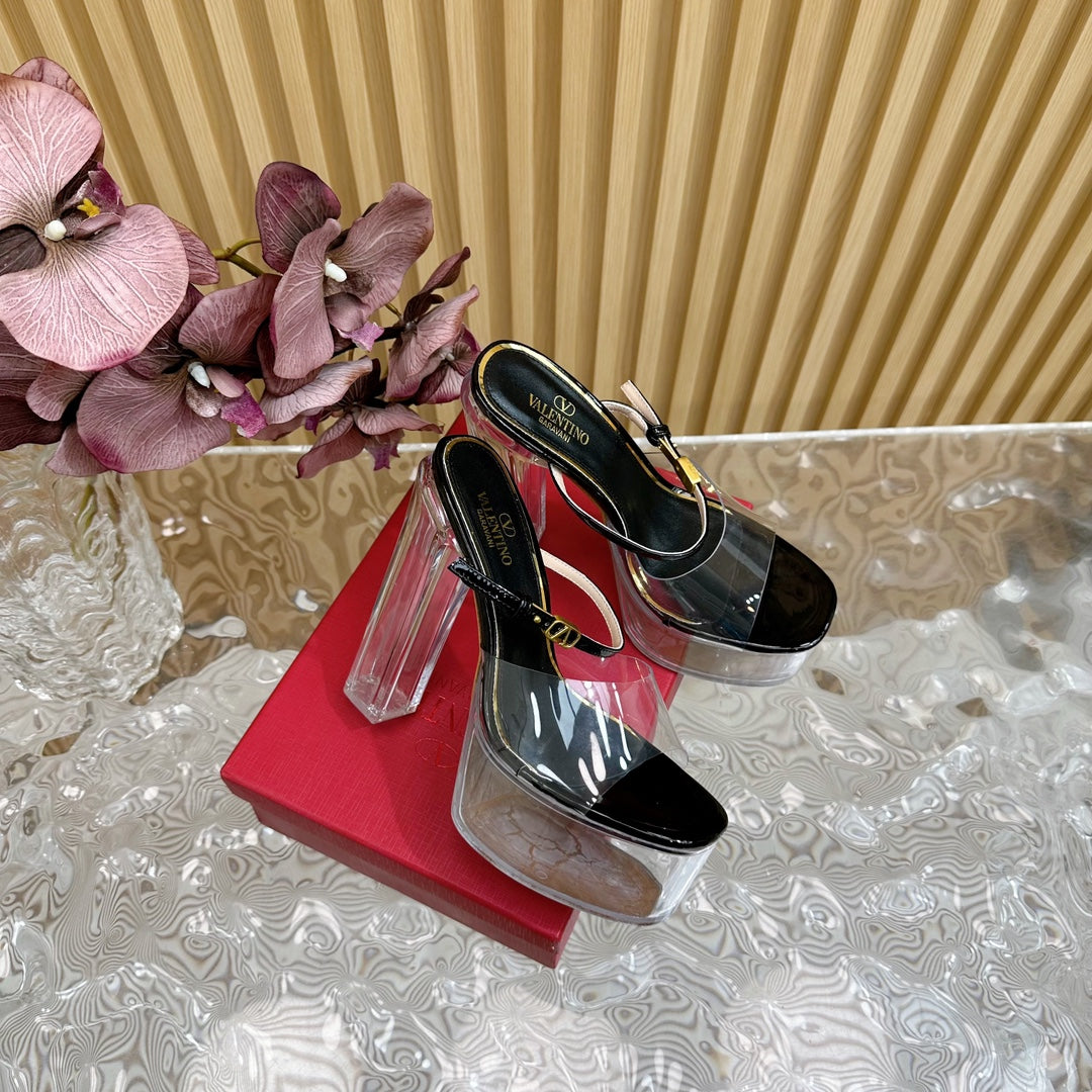 HIGH HEEL SANDAL 14CM IN BLACK CALFSKIN AND TRANSPARENT PVC