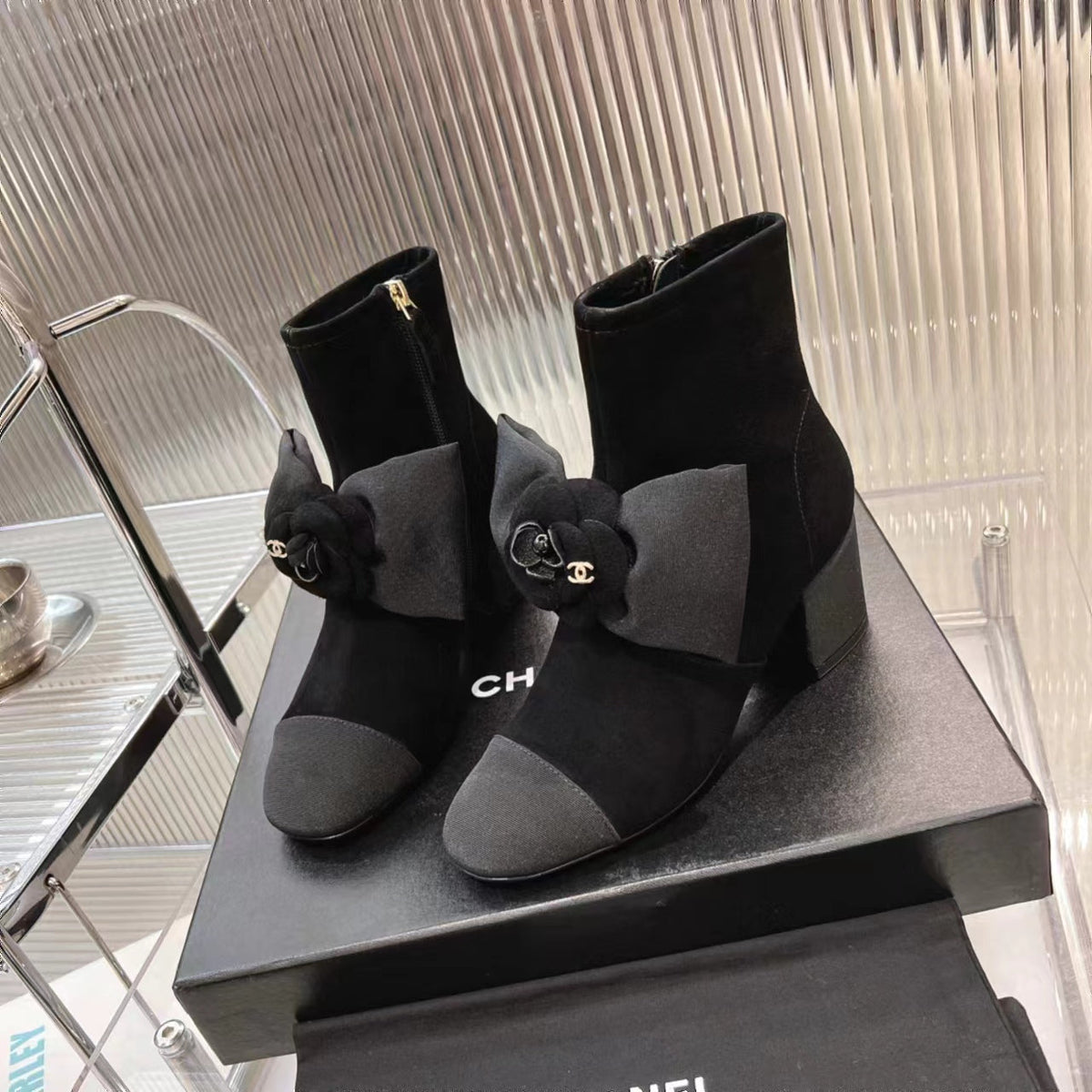 CC Short Boots 60mm Plain Black Camellia Suede
