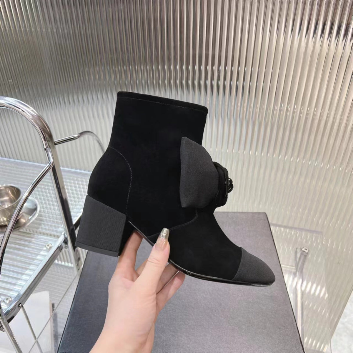 CC Short Boots 60mm Plain Black Camellia Suede