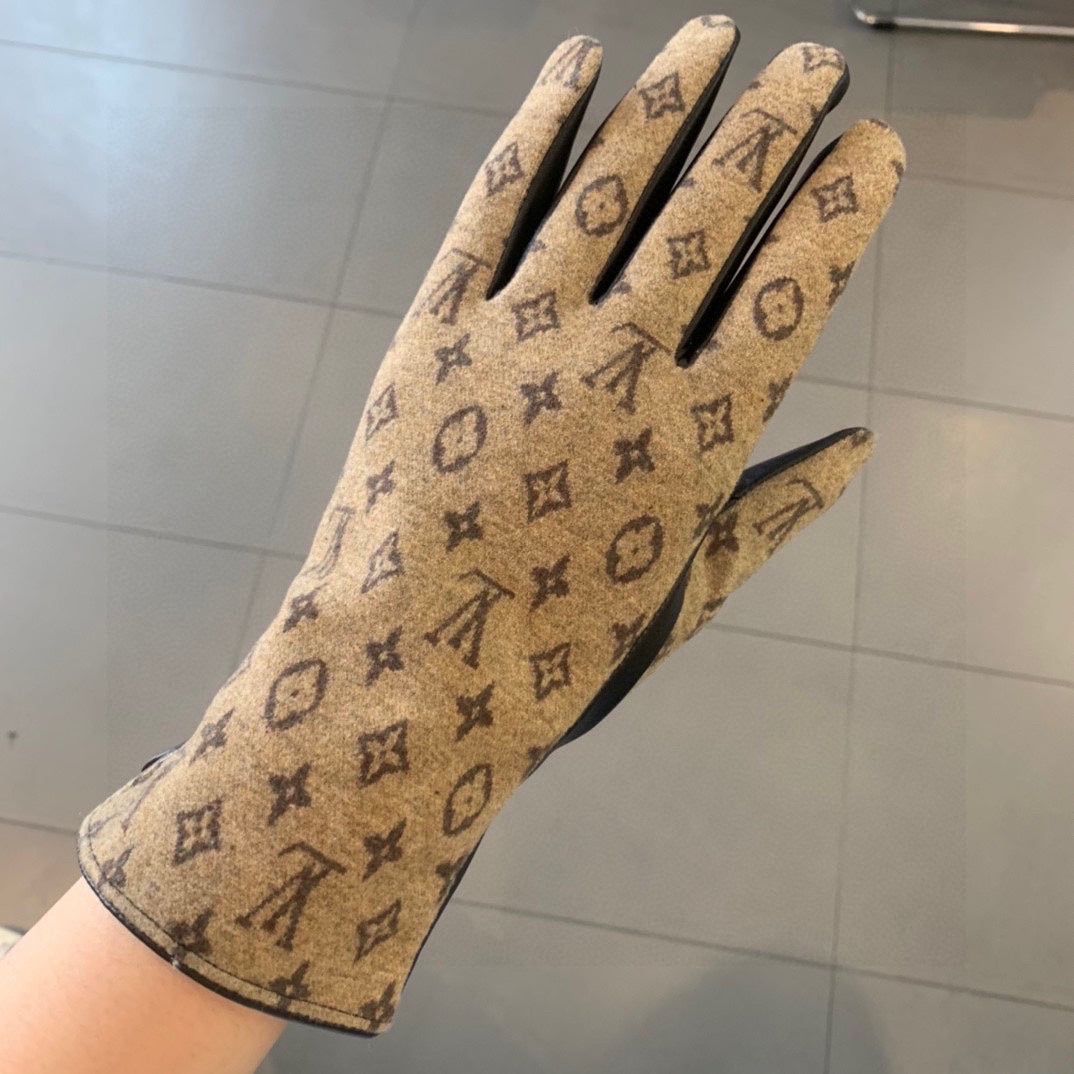 LV Gloves In Light Brown Jacquard Fabric And Lambskin 473508