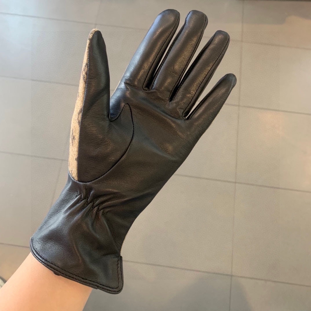 LV Gloves In Light Brown Jacquard Fabric And Lambskin 473508