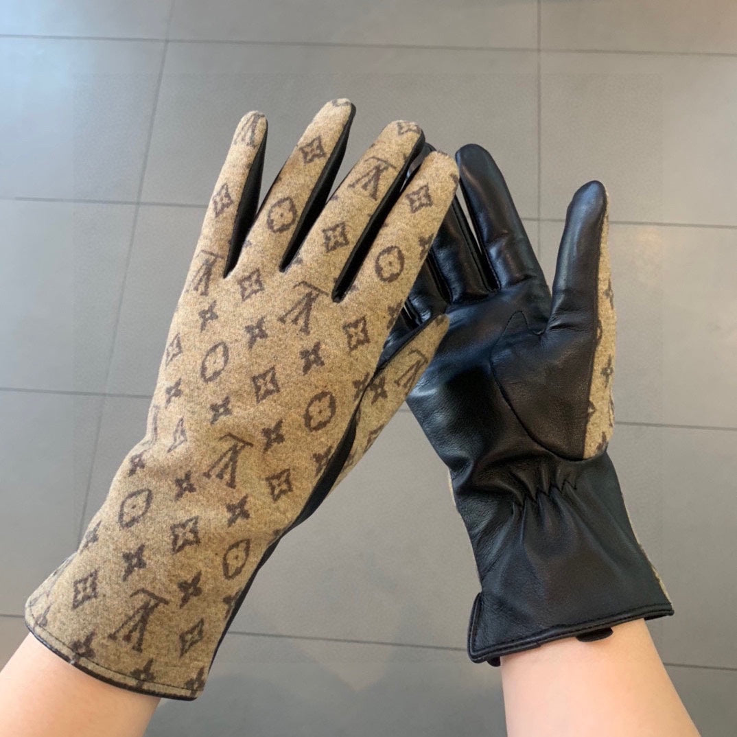 LV Gloves In Light Brown Jacquard Fabric And Lambskin 473508