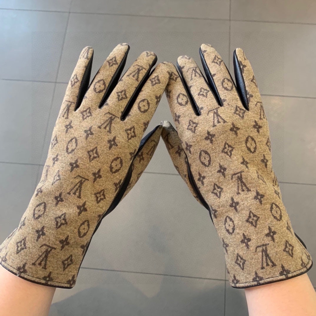 LV Gloves In Light Brown Jacquard Fabric And Lambskin 473508