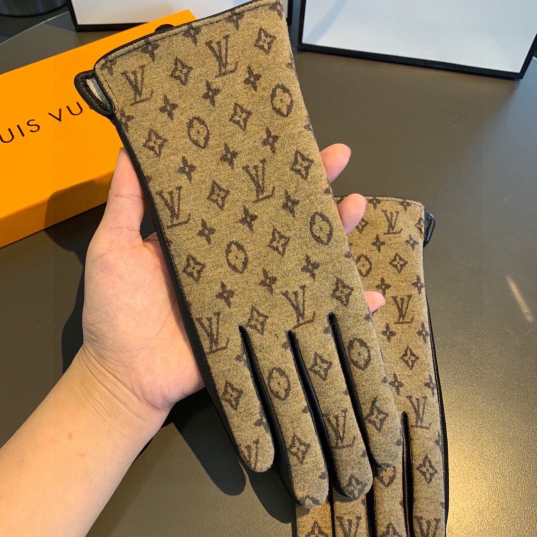 LV Gloves In Light Brown Jacquard Fabric And Lambskin 473508