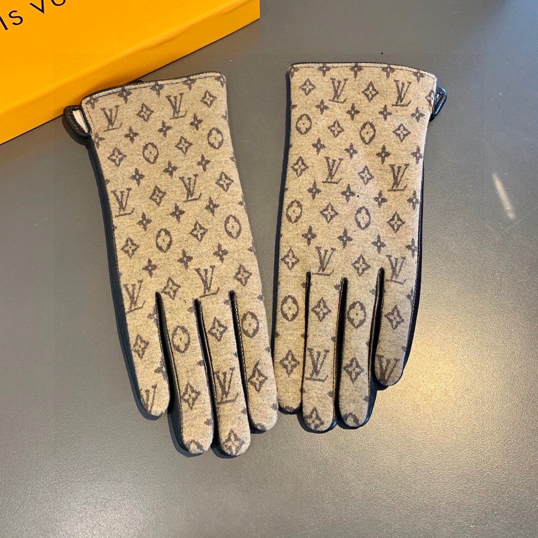 LV Gloves In Light Brown Jacquard Fabric And Lambskin 473508