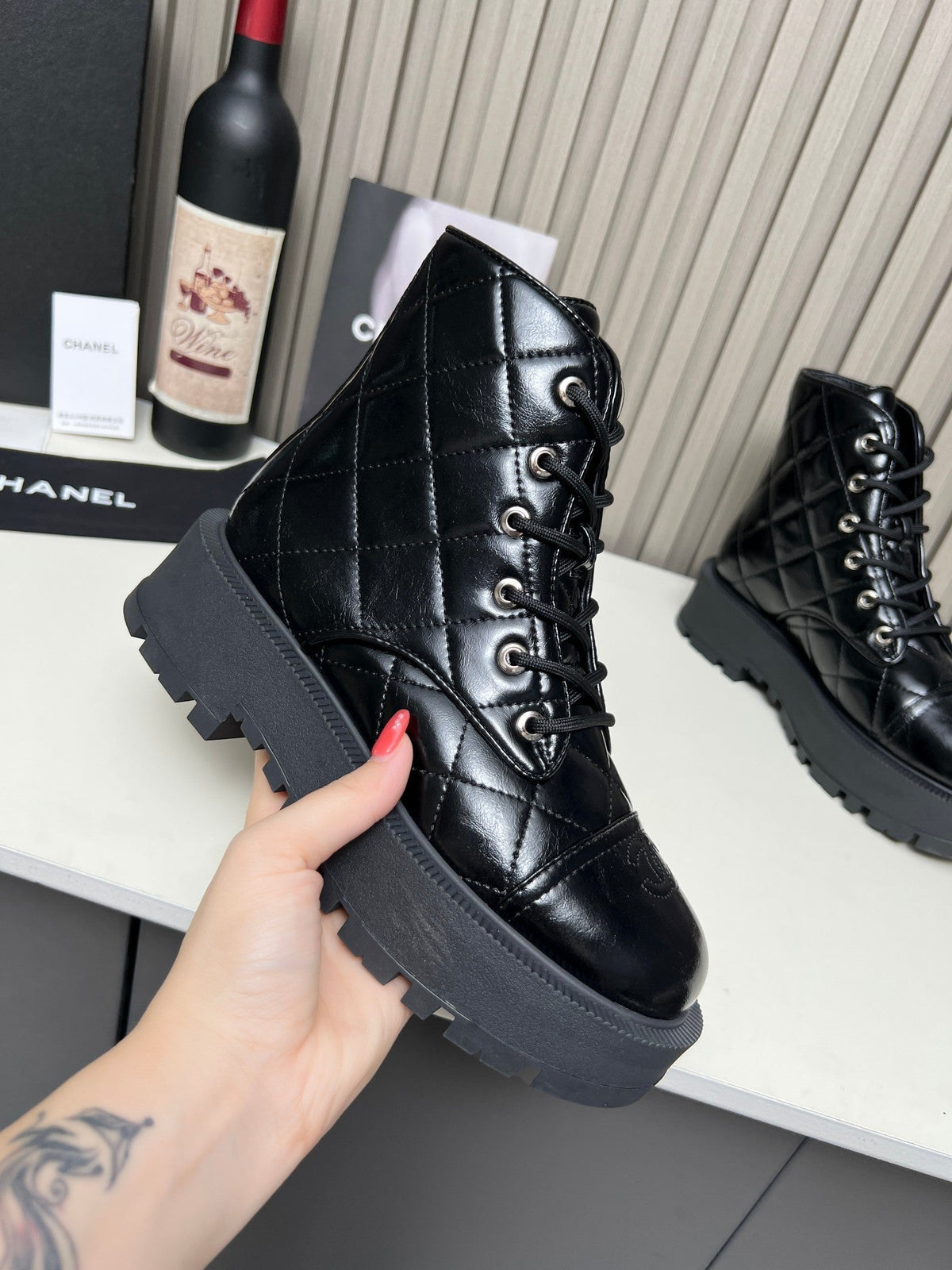 CC Combat Boots In Glossy Black Quilted Lambskin  944580