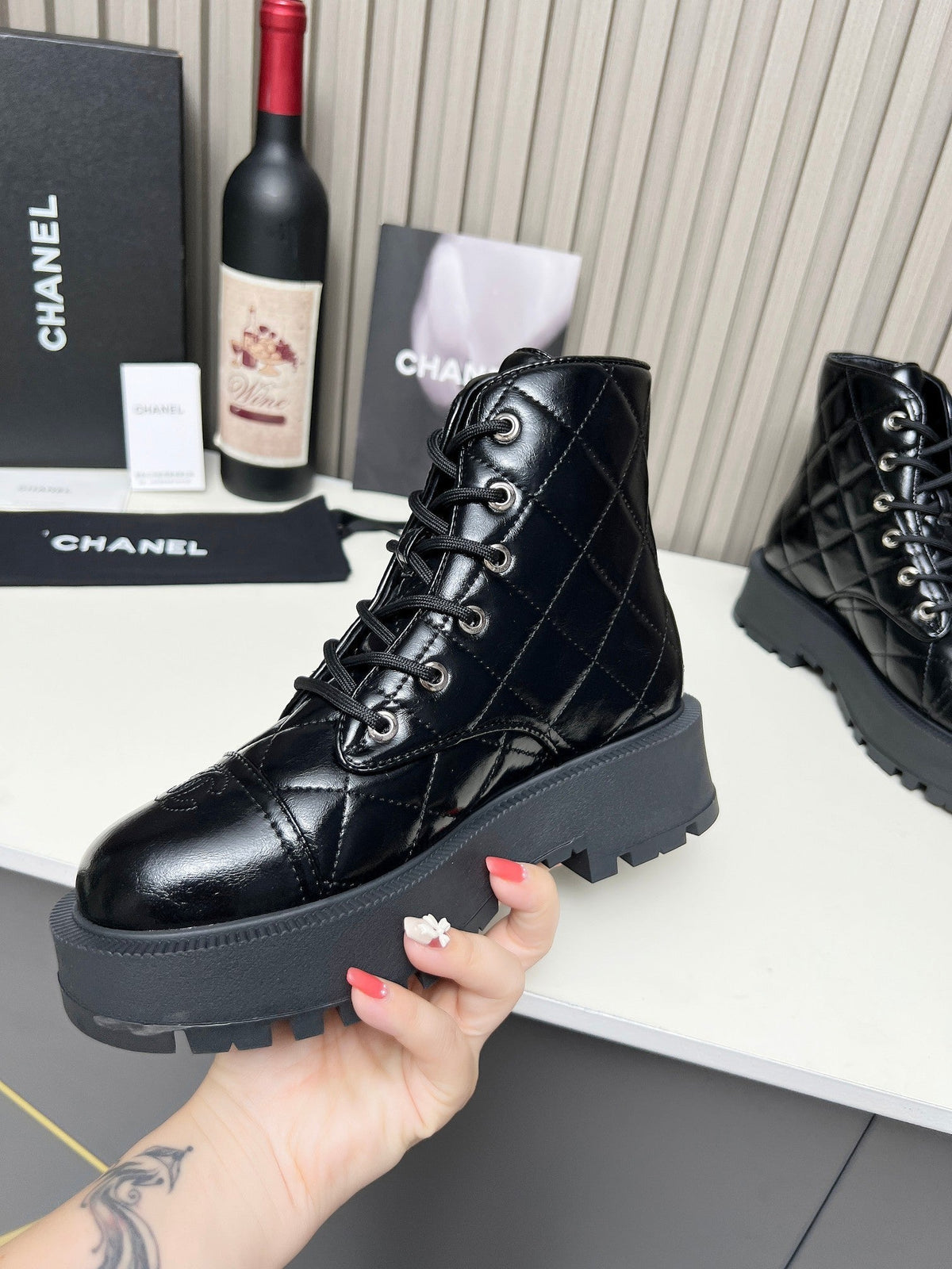 CC Combat Boots In Glossy Black Quilted Lambskin  944580