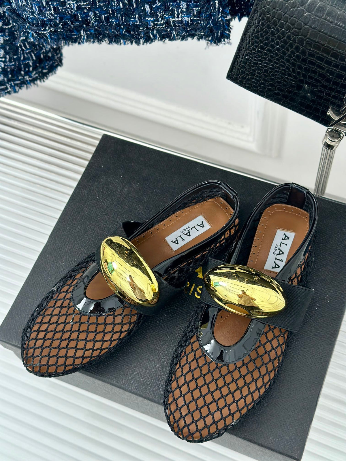 ballet flat jewel fishnet black lambskin