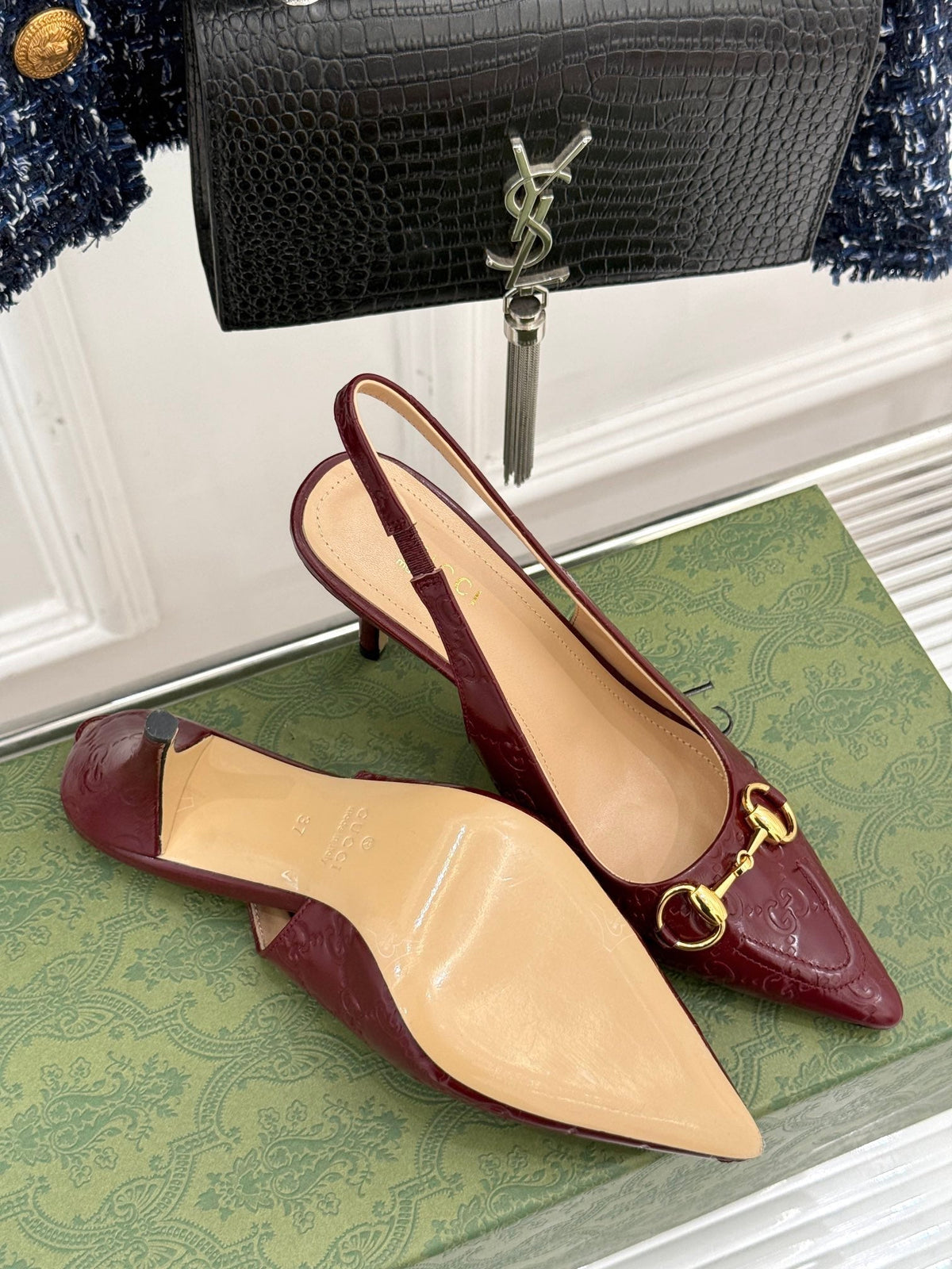 GG Horsebit Slingback 85MM Burgundy GG Leather Point Toe