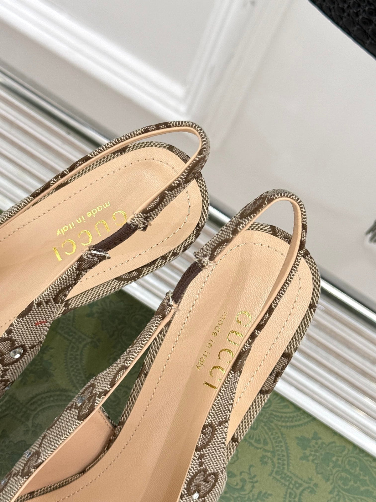 GG Horsebit Slingback 85MM Beige Ebony Monogram Canvas Point Toe Crystal-Embellished
