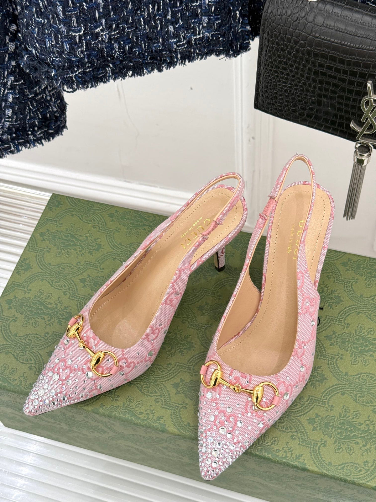 GG Horsebit Slingback 85MM Beige Pink Monogram Canvas Point Toe Crystal-Embellished