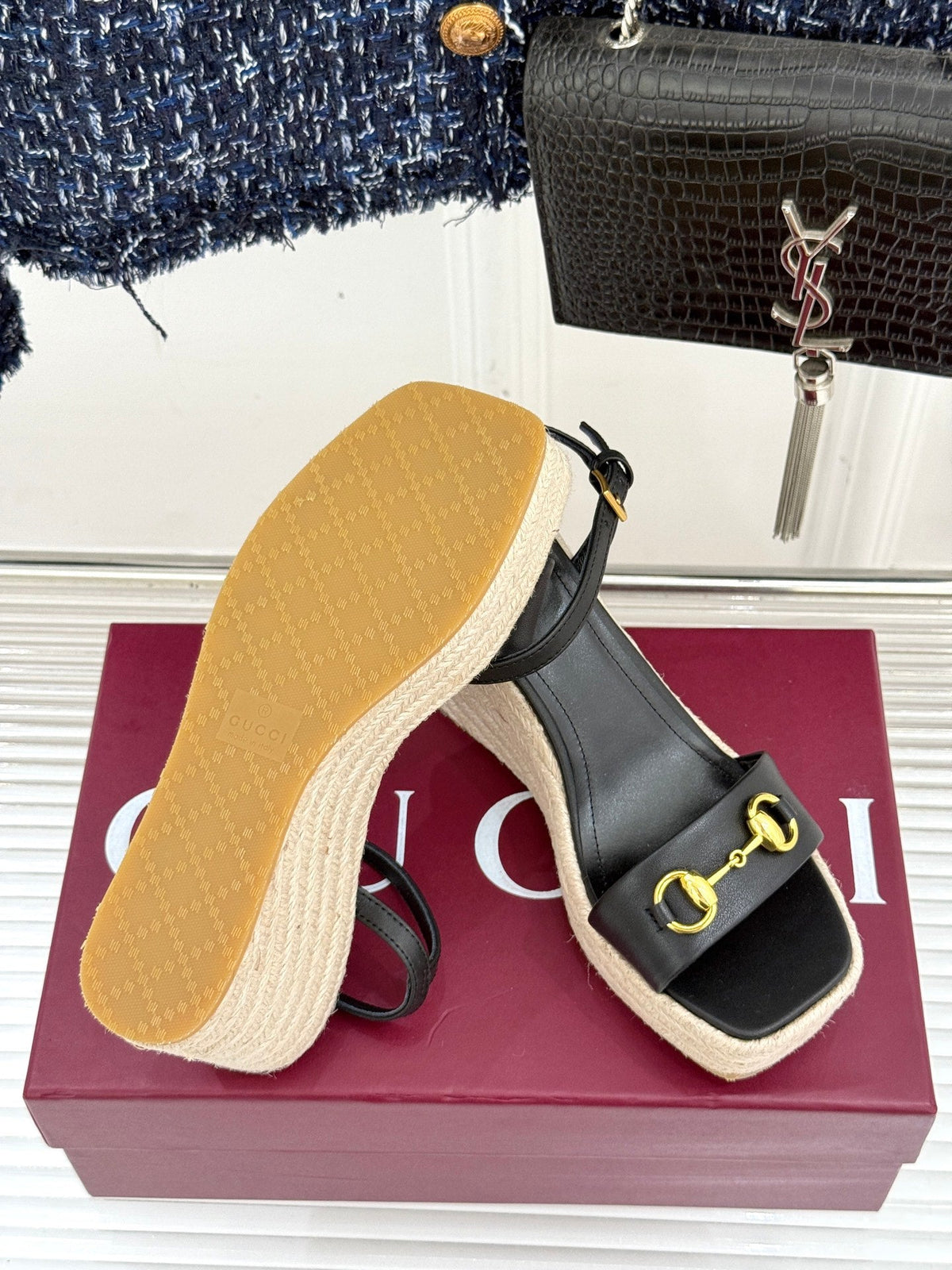 GC Floral Platform Wedge Sandal Black lambskin