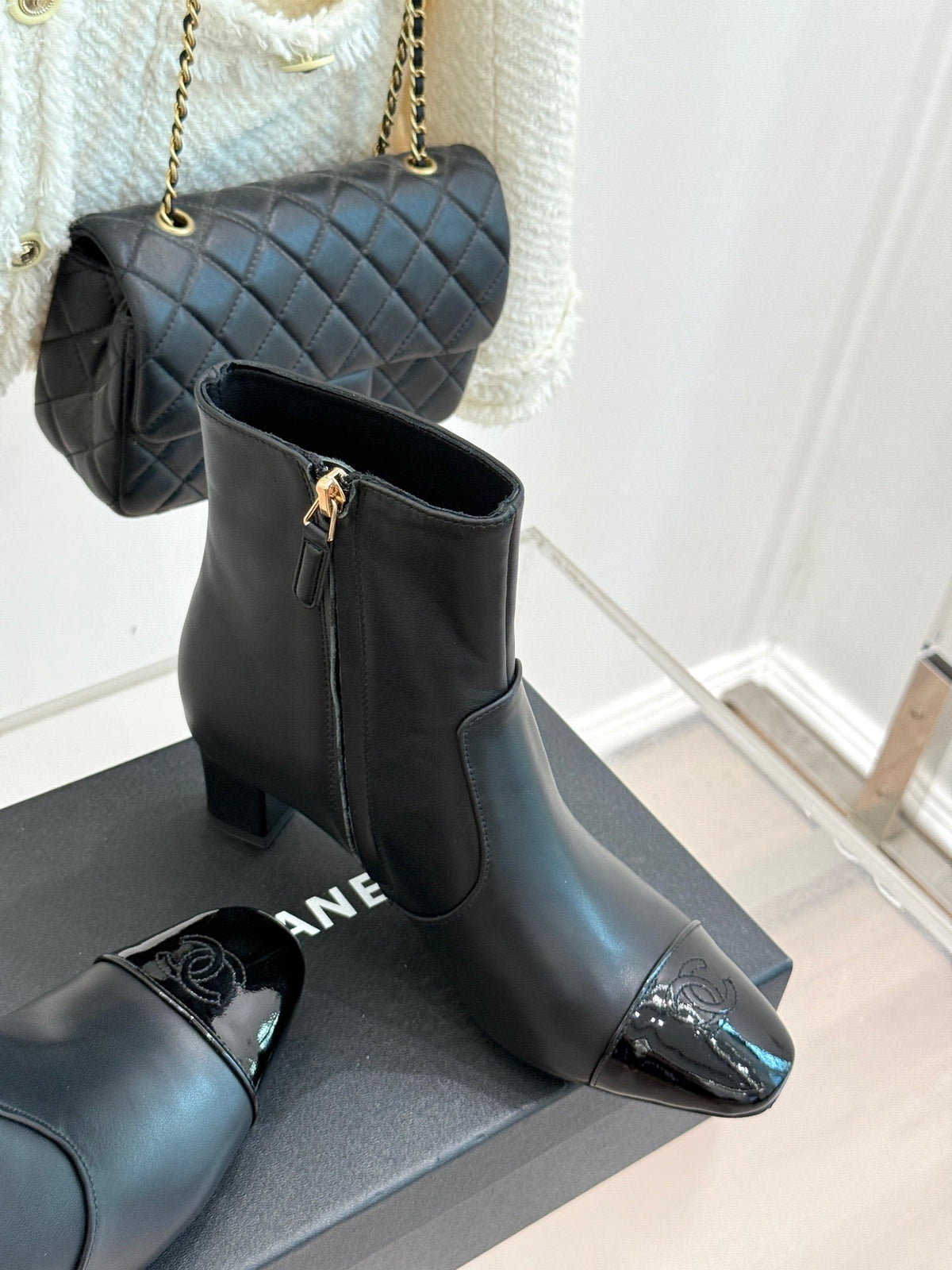 Chanel Double C Colorblock Heel Boot Black Sheepskin 465416
